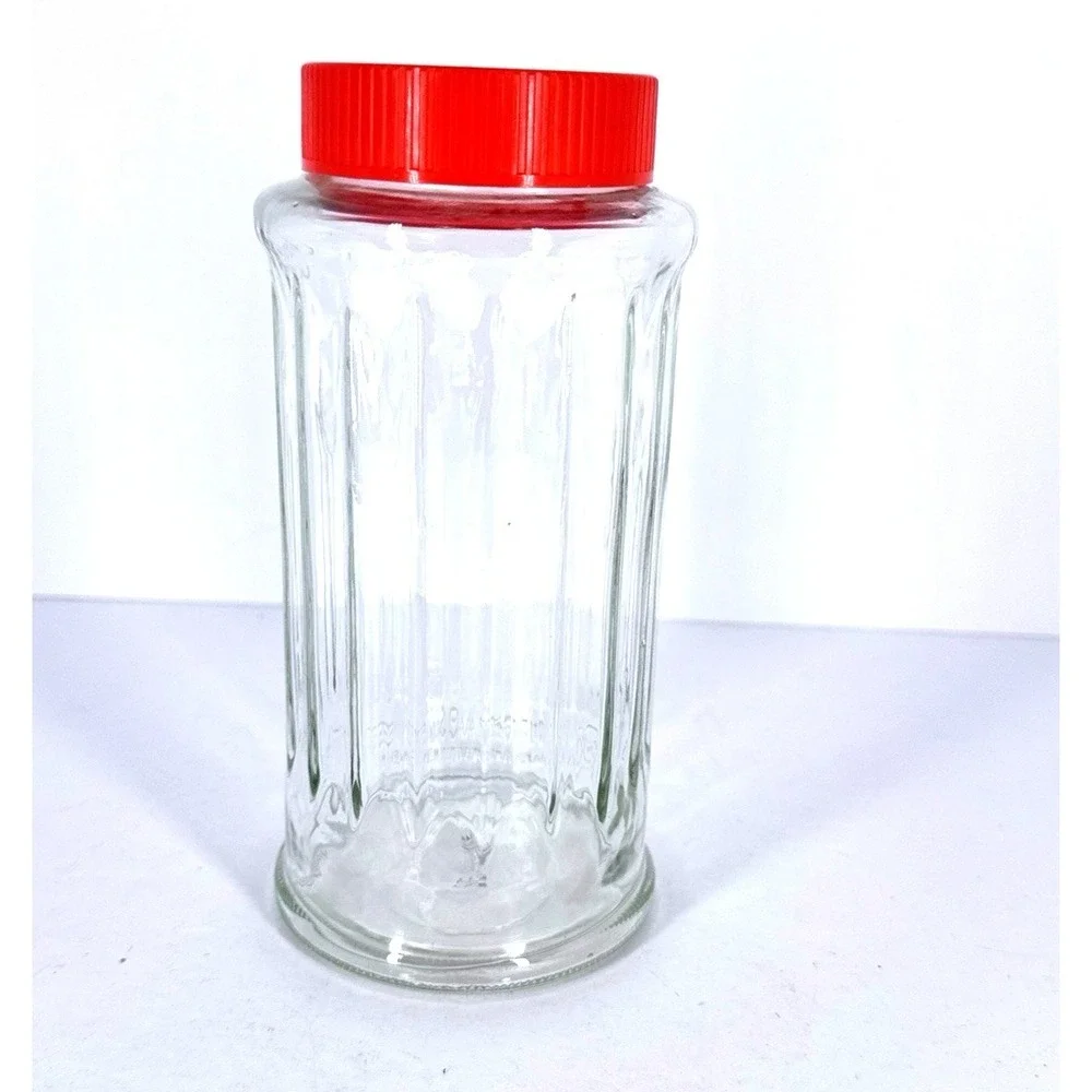 NutraSweet Clear Glass Storage Jar Canister‎ Red Screw Lid Ribbed Sides Vintage